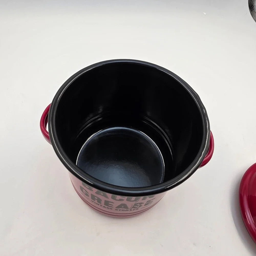 Red Enamelware Bacon Grease Vintage Storage Canister Lid Farmhouse Kitchen T3